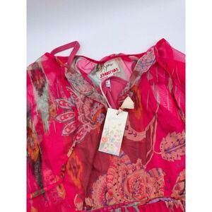 Johnny Was Biya Feather Lark Mesh Blouse XS Pink Floral Embroidered Short Sleeve